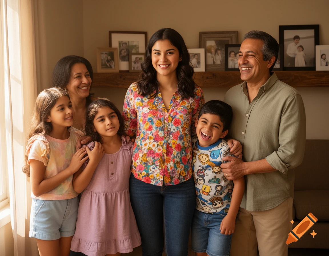A smiling Hispanic family of six, including two adults and four children, poses together indoors in a brightly lit room.