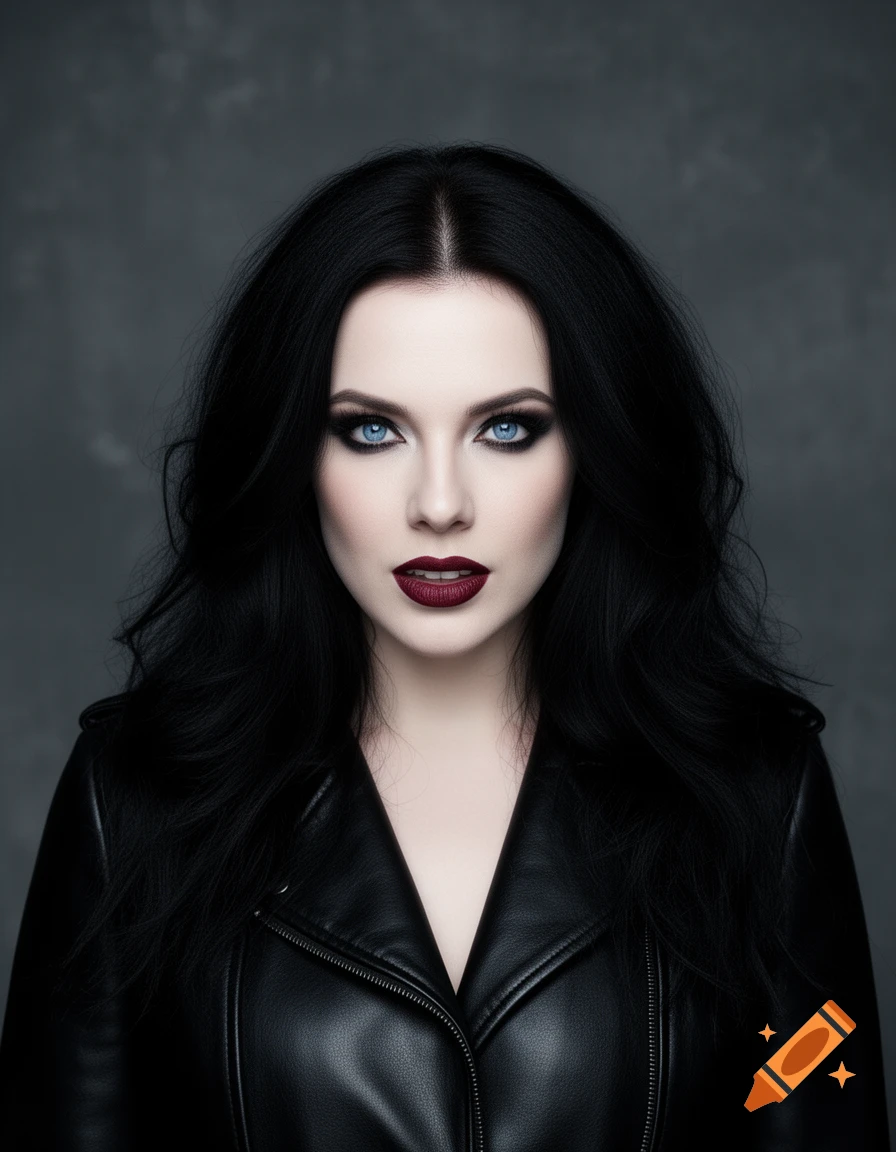 A photorealistic portrait of a woman with long black hair, blue eyes, dark makeup, and a black leather jacket, looking intensely.
