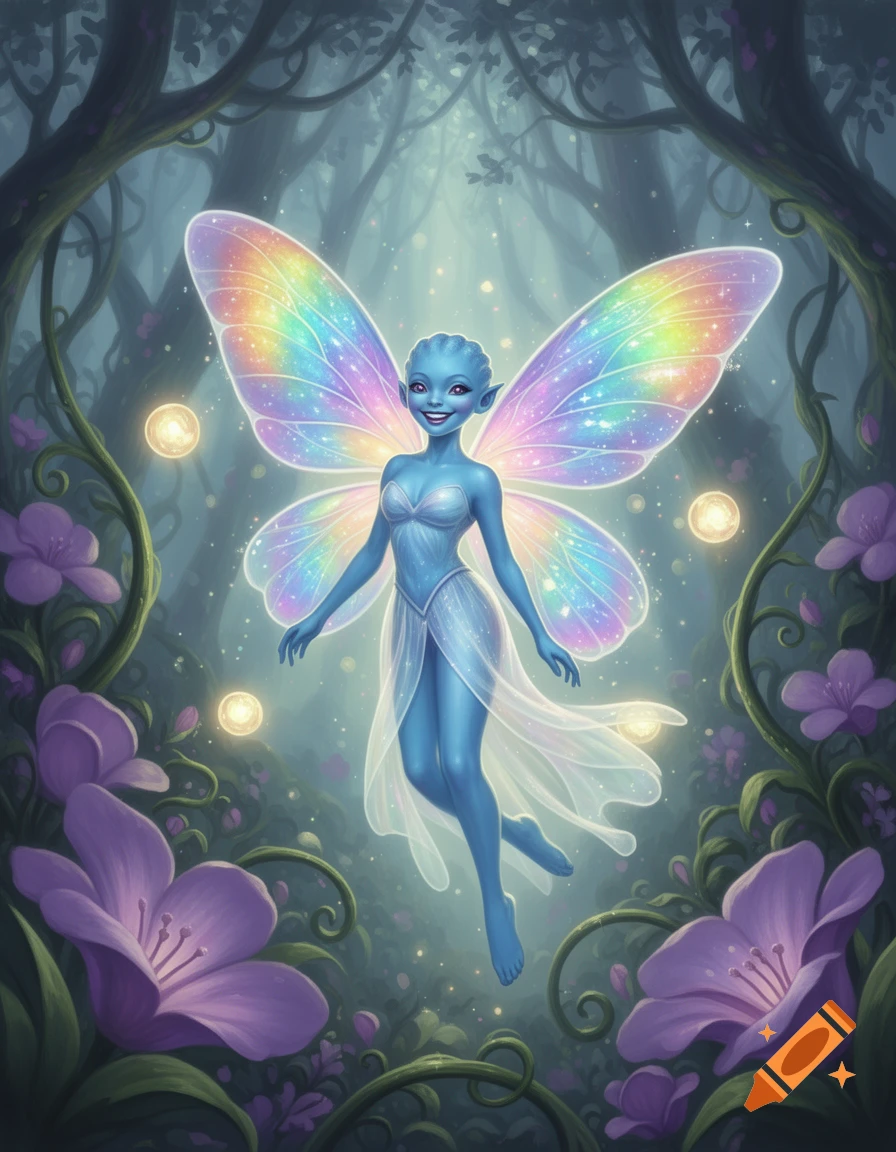 A smiling blue-skinned fairy with iridescent rainbow wings and a sheer white skirt floats in an enchanted forest filled with glowing orbs and purple flowers.