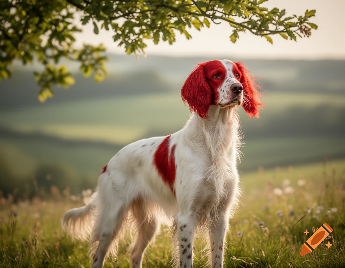 A photorealistic red and white English Setter with red fur on its right ear and around its right eye, standing in a sunny grassy field under a tree.