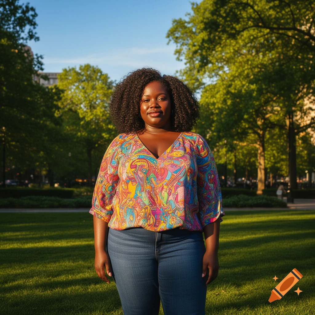 A Black woman with curly hair, wearing a colorful paisley top and jeans, stands in a sunny park.
