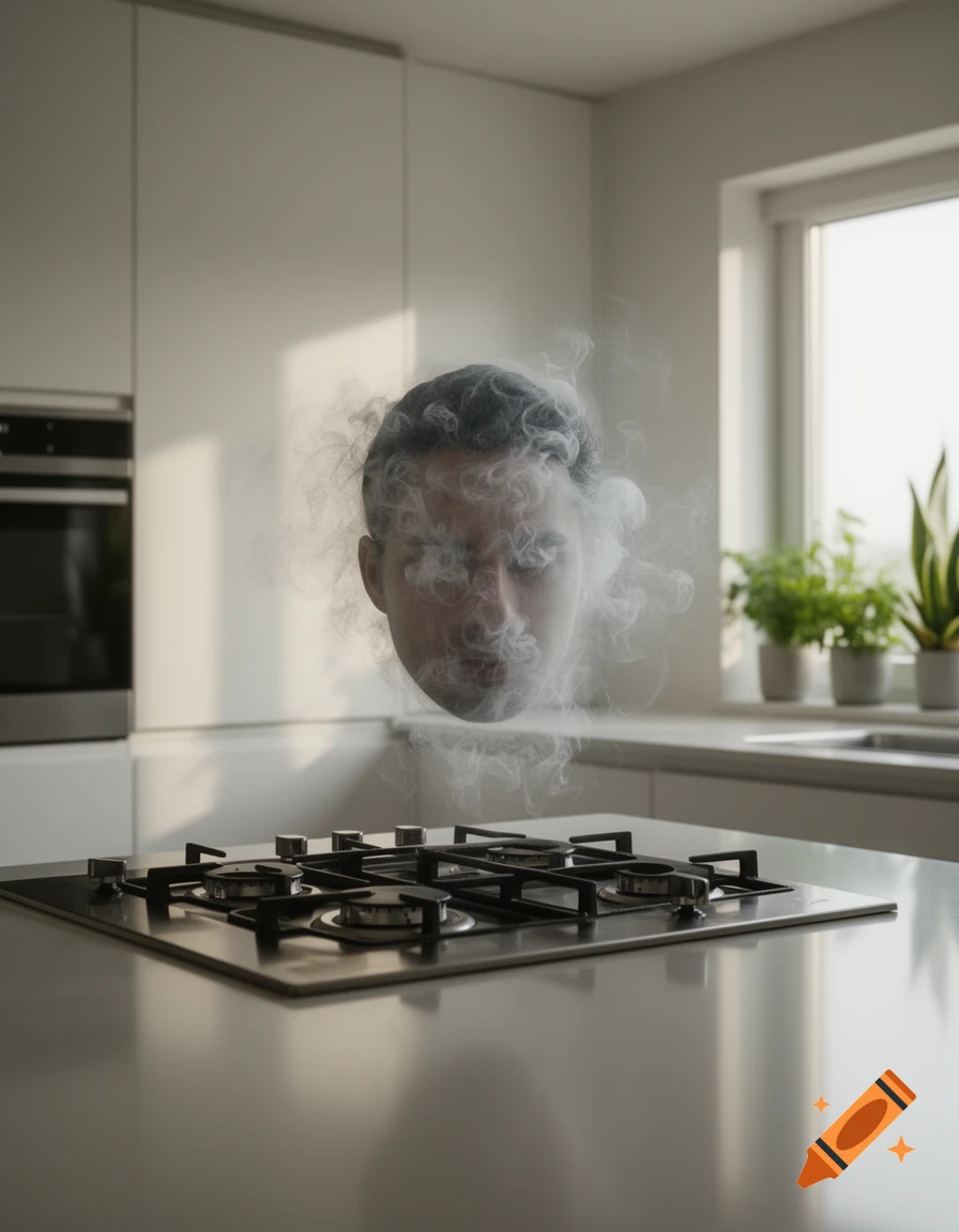 A man's head appears in a cloud of smoke above a modern kitchen stovetop, in a photorealistic and surreal style.