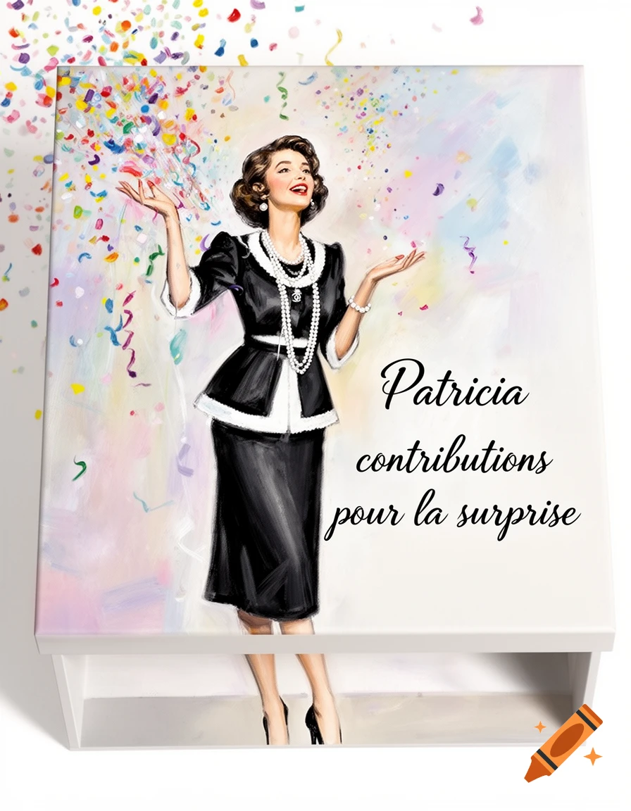 An illustration of a stylish woman in a black and white suit and pearls, smiling as colorful confetti falls around her. Text: 'Patricia contributions pour la surprise'.