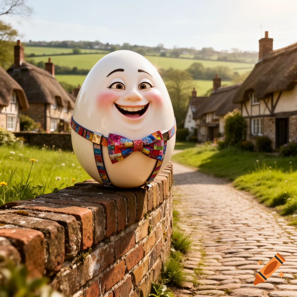 A cheerful, anthropomorphic egg character, Humpty Dumpty, wearing a colorful bow tie and suspenders, sits on a brick wall in a picturesque English village. Thatched-roof cottages line a cobblestone path in the sunny countryside.