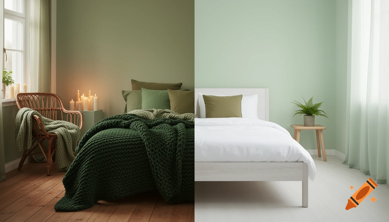 Splitscreen image of two green bedrooms; left is cozy with dark green textures and candles, right is minimalist Scandinavian with white bedding and a fern.