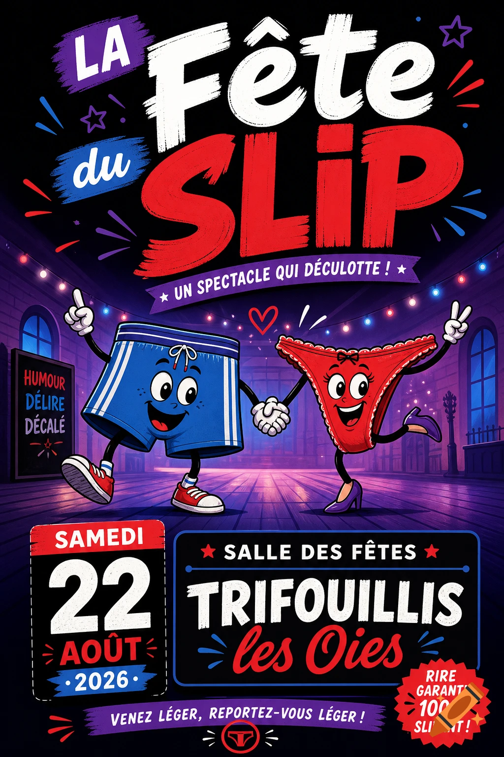 A colorful flyer for 'LA Fête du SLIP' (The Underwear Party) showing cartoon boxer shorts and red panties holding hands and dancing on a stage, with event details.