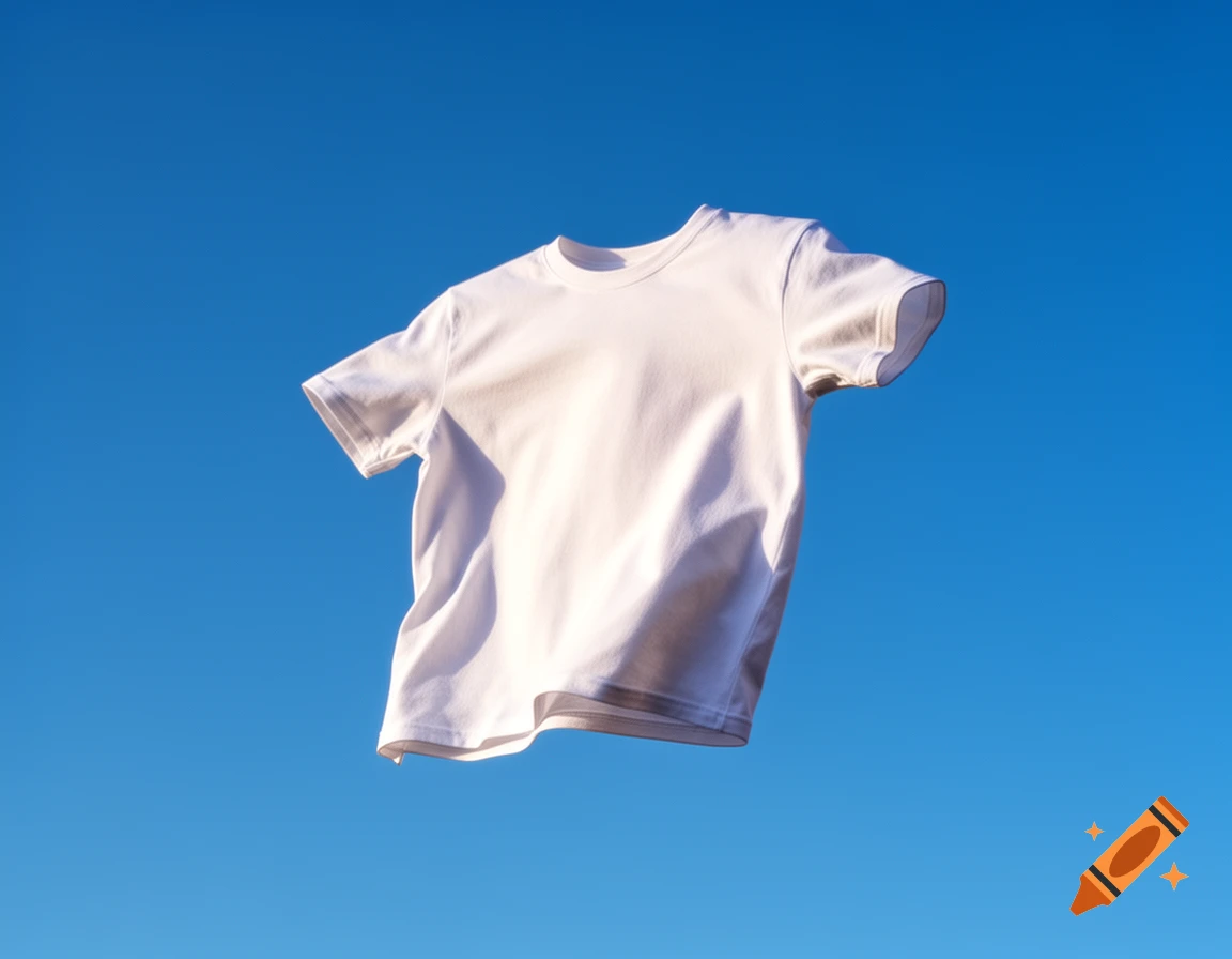 A white t-shirt floats against a bright blue sky, illuminated by sunlight.