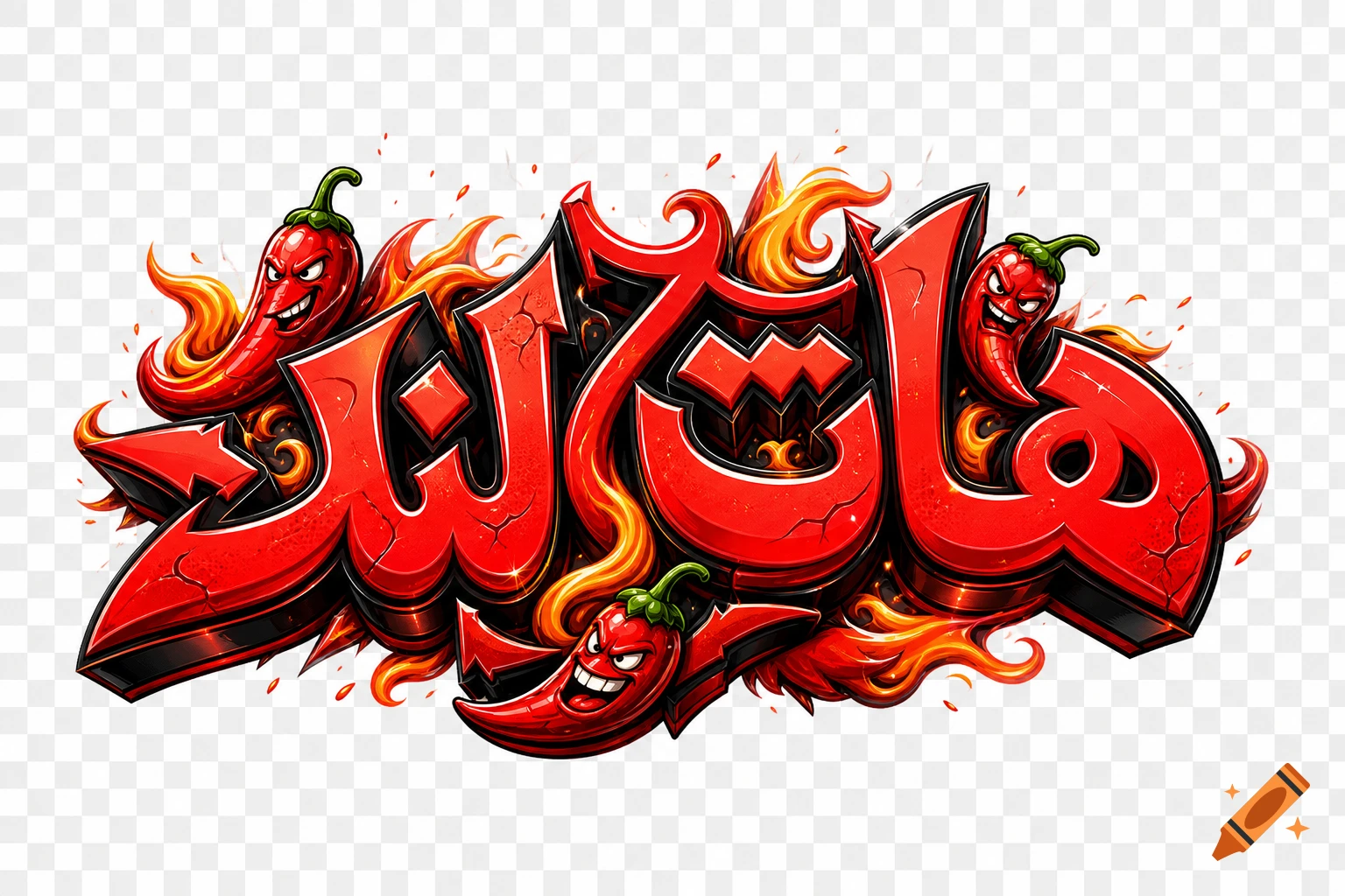 Red and black Persian graffiti logo for 'هات لند' with cartoon chili peppers, flames, and sparks on a transparent background.