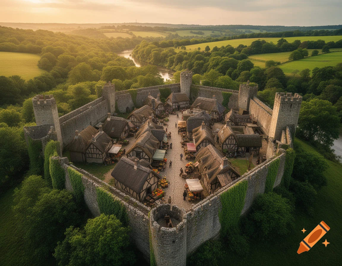 An aerial view of a medieval walled village with thatched-roof houses surrounded by lush green forests and a winding river at sunset.
