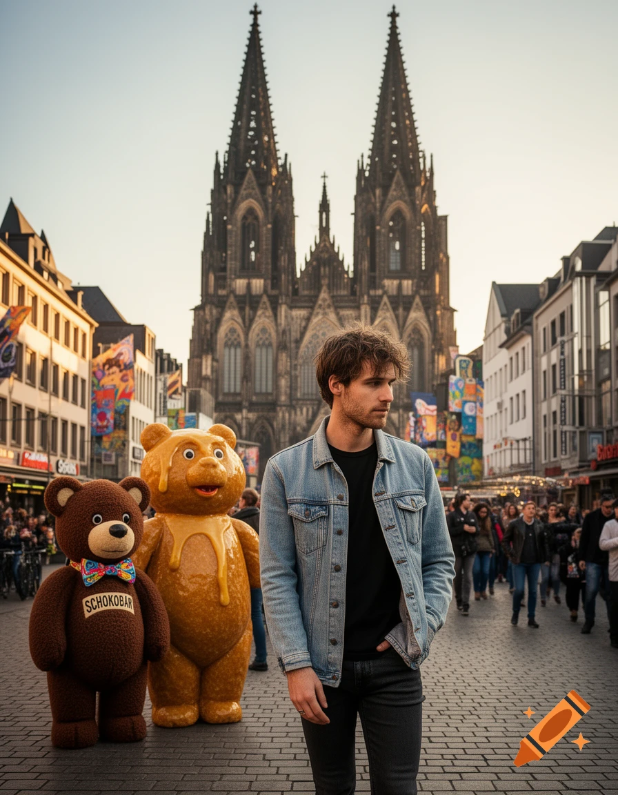 A man in a denim jacket stands on a cobbled street with two bear mascots, one labeled "SCHOKOBAR", in front of the Cologne Cathedral.