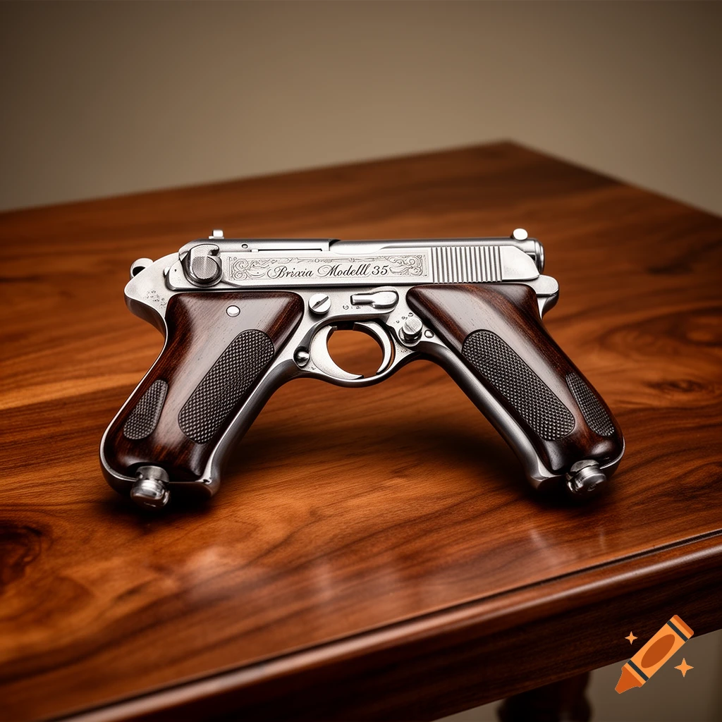 Photorealistic silver pistol with dark wood grips resting on a polished wooden table.