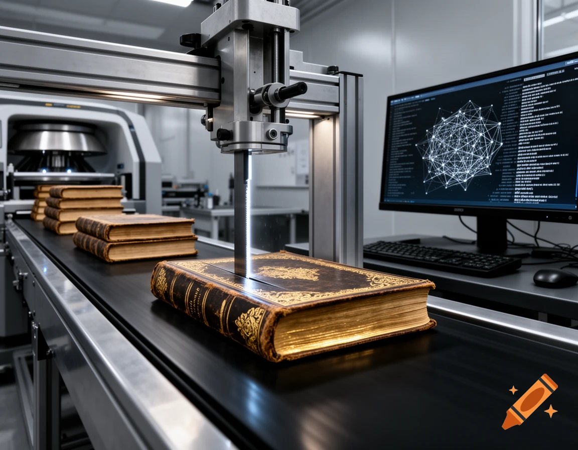 An automated book scanning facility with a conveyor belt system. Old books move along the belt, one being scanned by a laser, with a monitor displaying data.