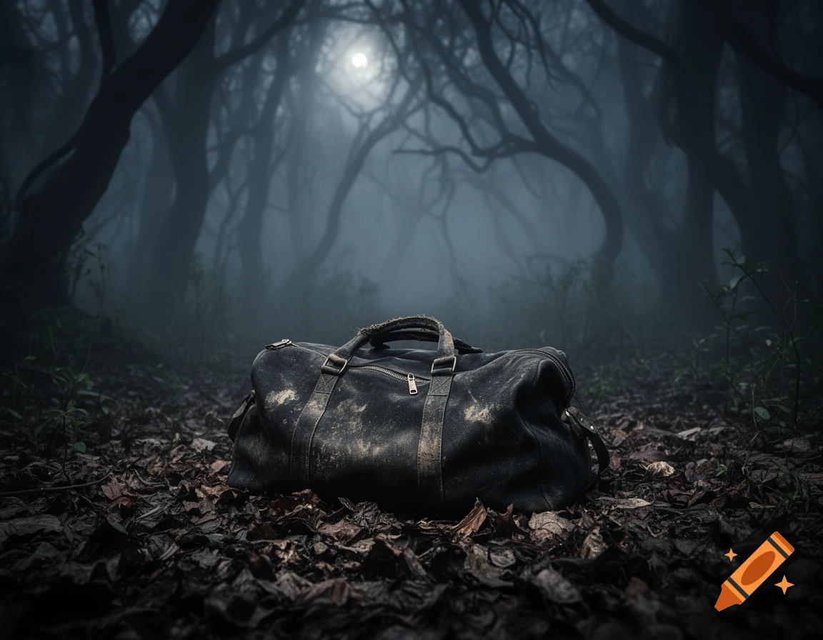A dirty, abandoned black duffel bag lies on a bed of dead leaves in a dark, foggy forest with gnarled trees under a dim light.