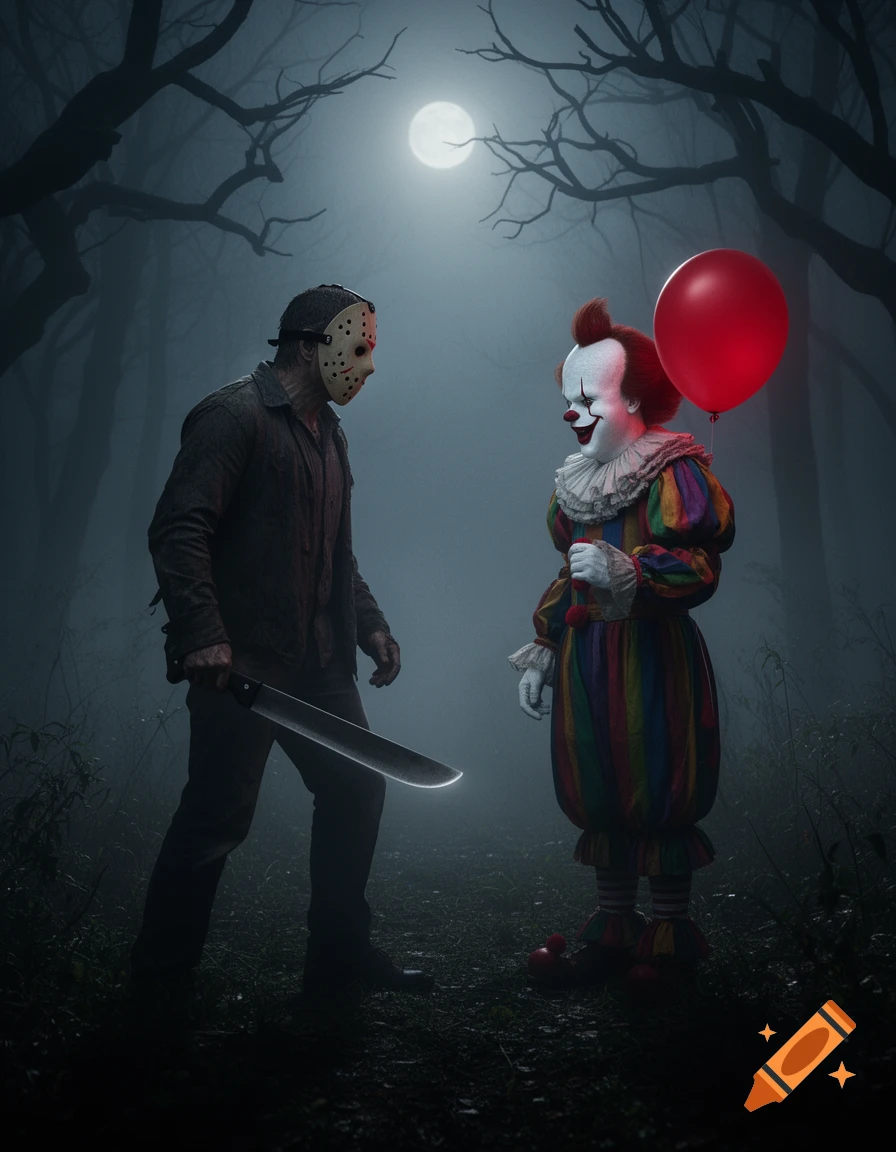 Jason Voorhees with a machete confronts Pennywise holding a red balloon in a dark, misty forest under a full moon.