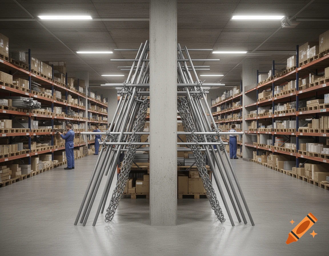 A large, brightly lit warehouse with shelves full of goods, two workers, and a central concrete pillar holding metal rods and chains for material storage.