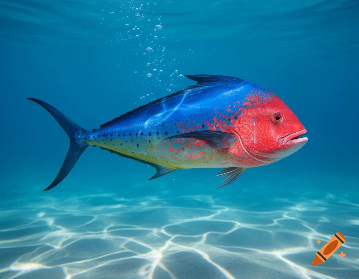 A vibrant red and blue fish, resembling a combined mahi-mahi and red snapper, swims gracefully in clear blue ocean water with sunlight reflecting on the sandy bottom.