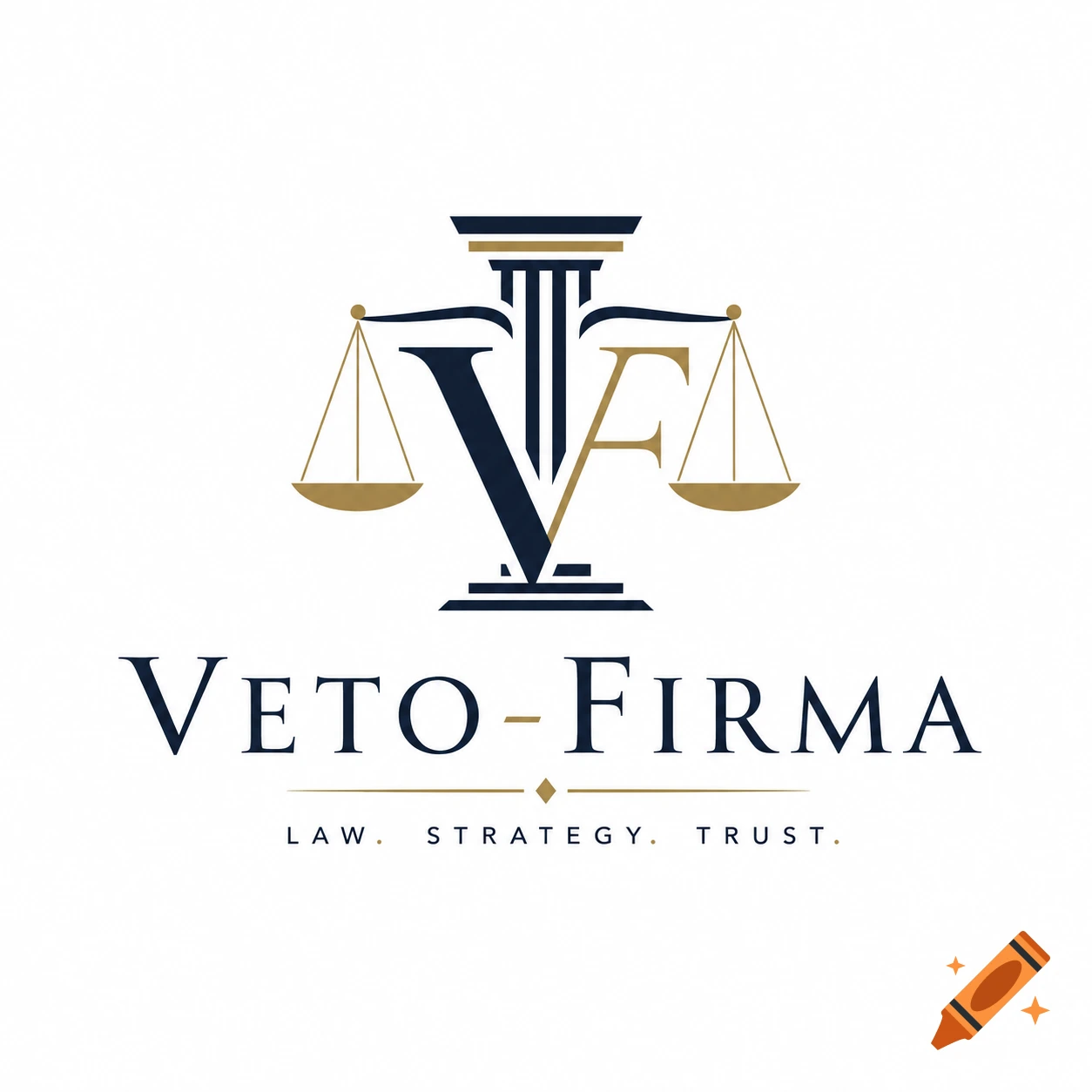 Logo for Veto-Firma, a law firm, featuring a column, scales of justice, intertwined 'V' and 'F' initials, and 'LAW. STRATEGY. TRUST.' text in blue and gold.