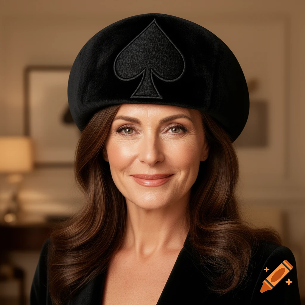 Smiling middle-aged brunette woman in a black velvet beret with a large embroidered spade symbol.