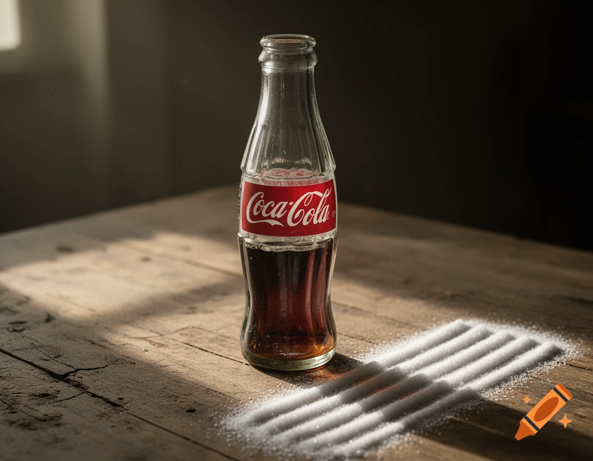 A close-up, photorealistic shot of a Coca-Cola bottle standing on a wooden table next to several lines of white powder.
