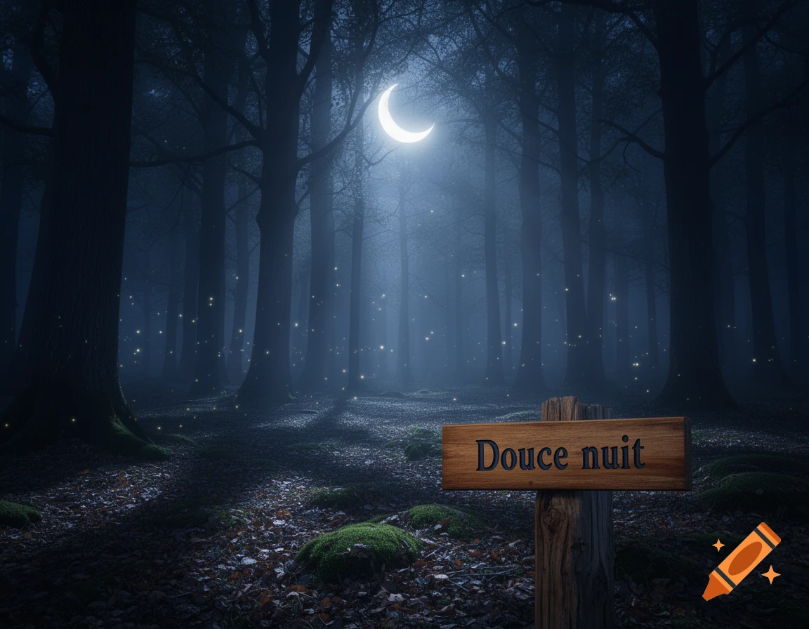 A dark, misty forest at night with a crescent moon and glowing fireflies, a wooden sign reads Douce nuit.