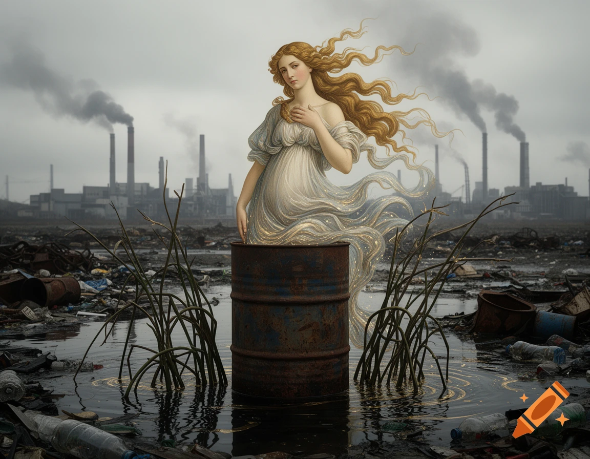 A classical Venus-like woman in a shimmering dress emerges from a rusted barrel amidst polluted water, trash, and an industrial skyline.