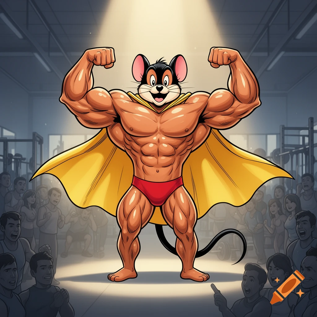 A cartoon bodybuilder mouse wearing red briefs and a yellow cape flexes huge biceps on stage in a gym to an admiring crowd.