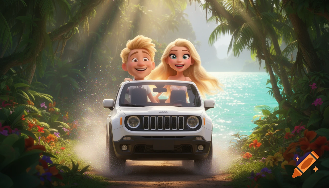 Blond man and woman in a white Jeep driving through a vibrant tropical jungle by the ocean, Pixar animation style.