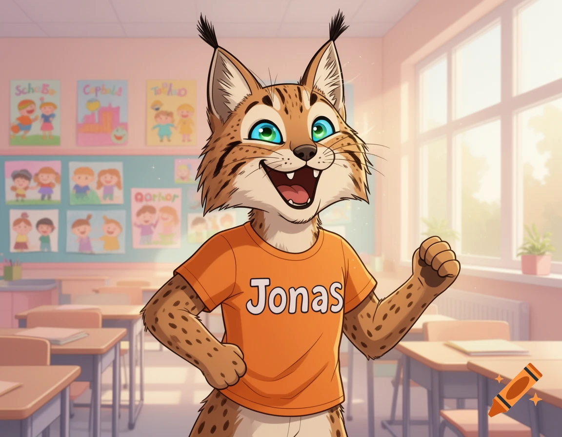 A smiling cartoon lynx with blue-green eyes wears an orange t-shirt with "Jonas" written on it, standing in a sunny classroom.