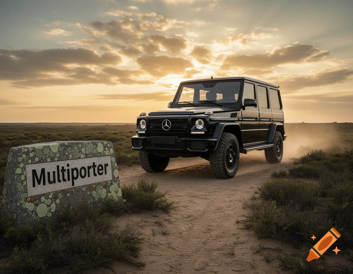 A black Mercedes G-Wagen SUV drives on a dirt path in a vast, dry landscape under a sunset sky, with a rock labeled "Multiporter" in the foreground.