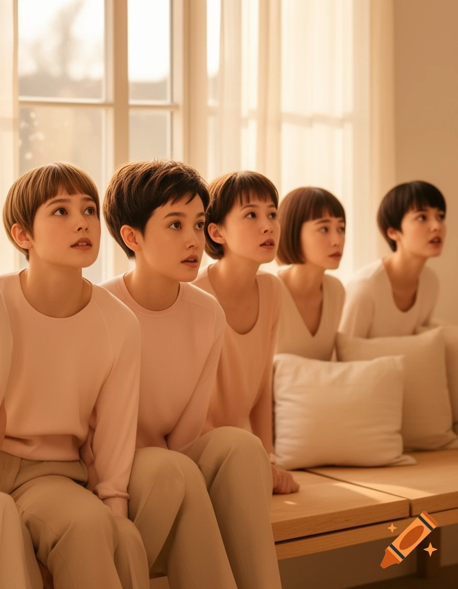 Five short-haired women in light clothing sit in a bright room, looking up with curious, naive expressions.