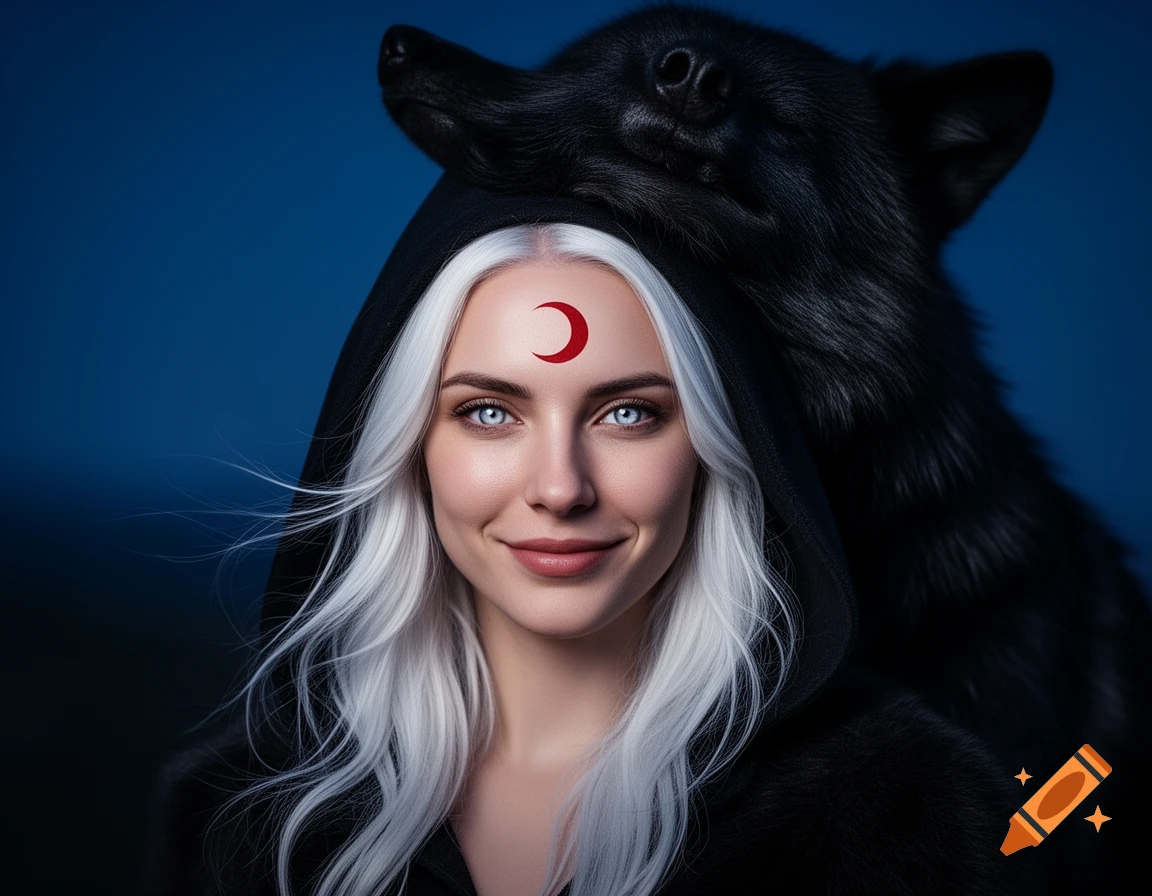 A woman with white hair and bright blue eyes smiles, wearing a black wolf's cowl and a red crescent moon symbol on her forehead.