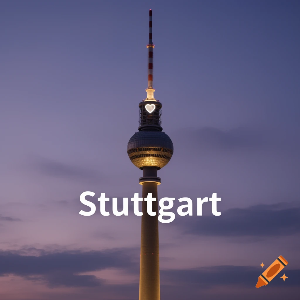 A tall TV tower with a spherical observation deck and a glowing heart symbol, against a twilight sky, with 'Stuttgart' overlaid.