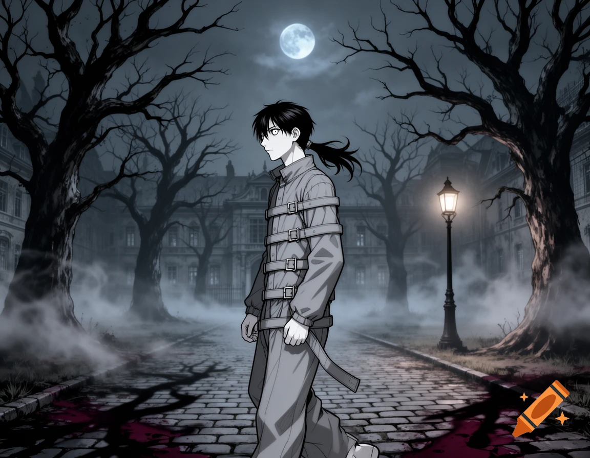 Manga art of a pale, black-haired asylum inmate in a straitjacket walking through a dark, foggy Victorian park at night under a full moon.