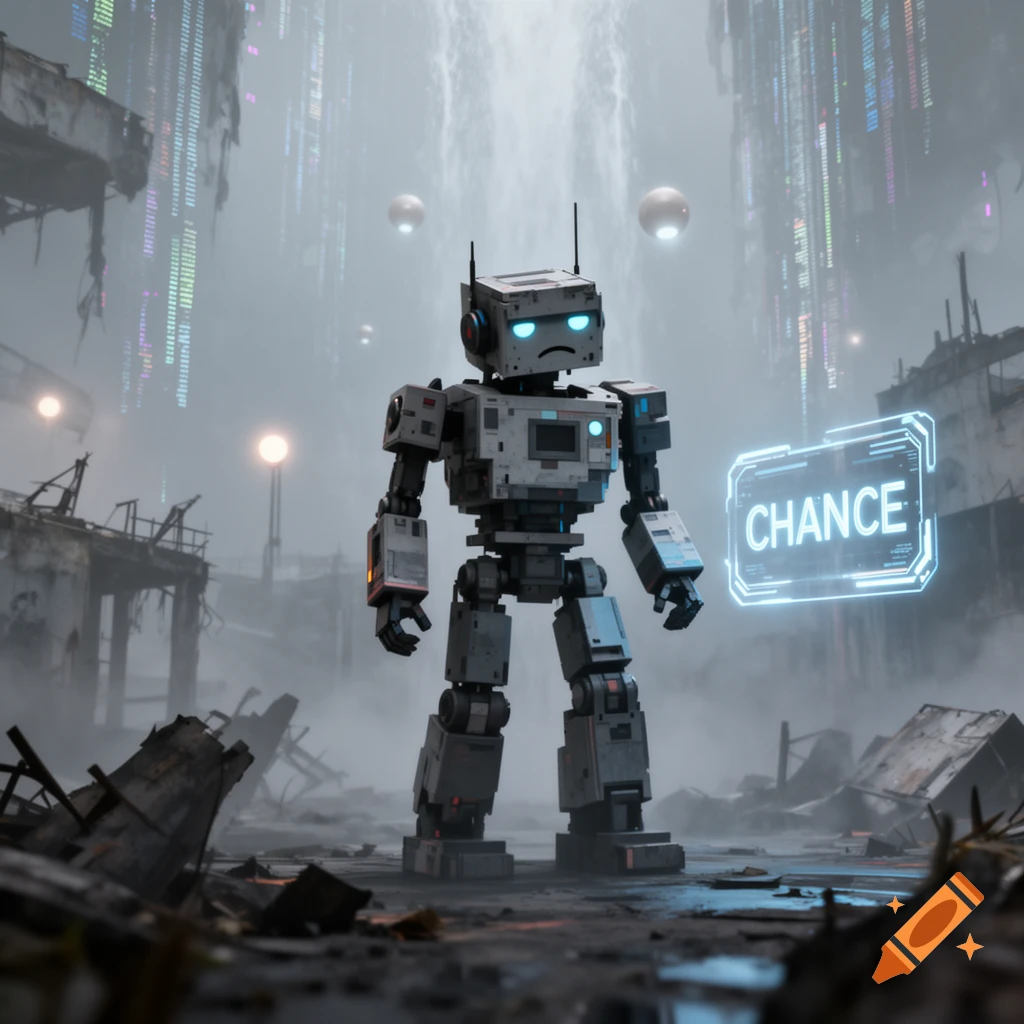 A blocky robot with a sad face and glowing blue eyes stands in a foggy, ruined futuristic city with a holographic "CHANCE" sign.