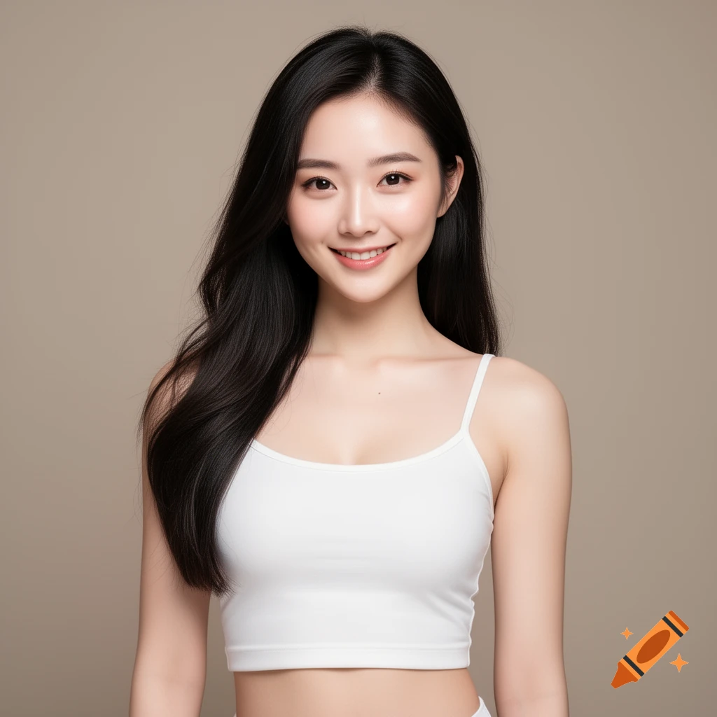 Photorealistic portrait of a smiling young woman with long black hair wearing a white crop top against a plain background.