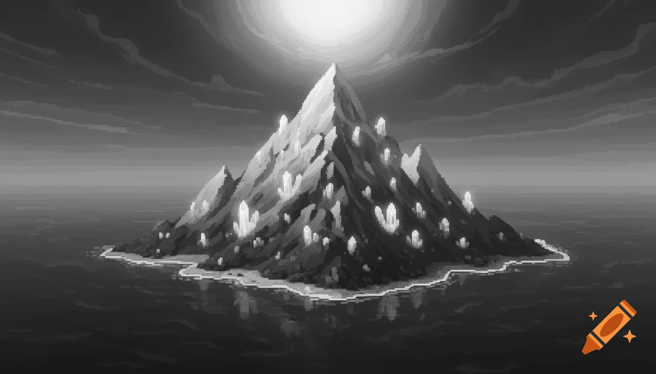 A pixel art grayscale depiction of a massive, spiky island mountain covered in glowing crystals, surrounded by an ocean under a cloudy sky with a bright light source.