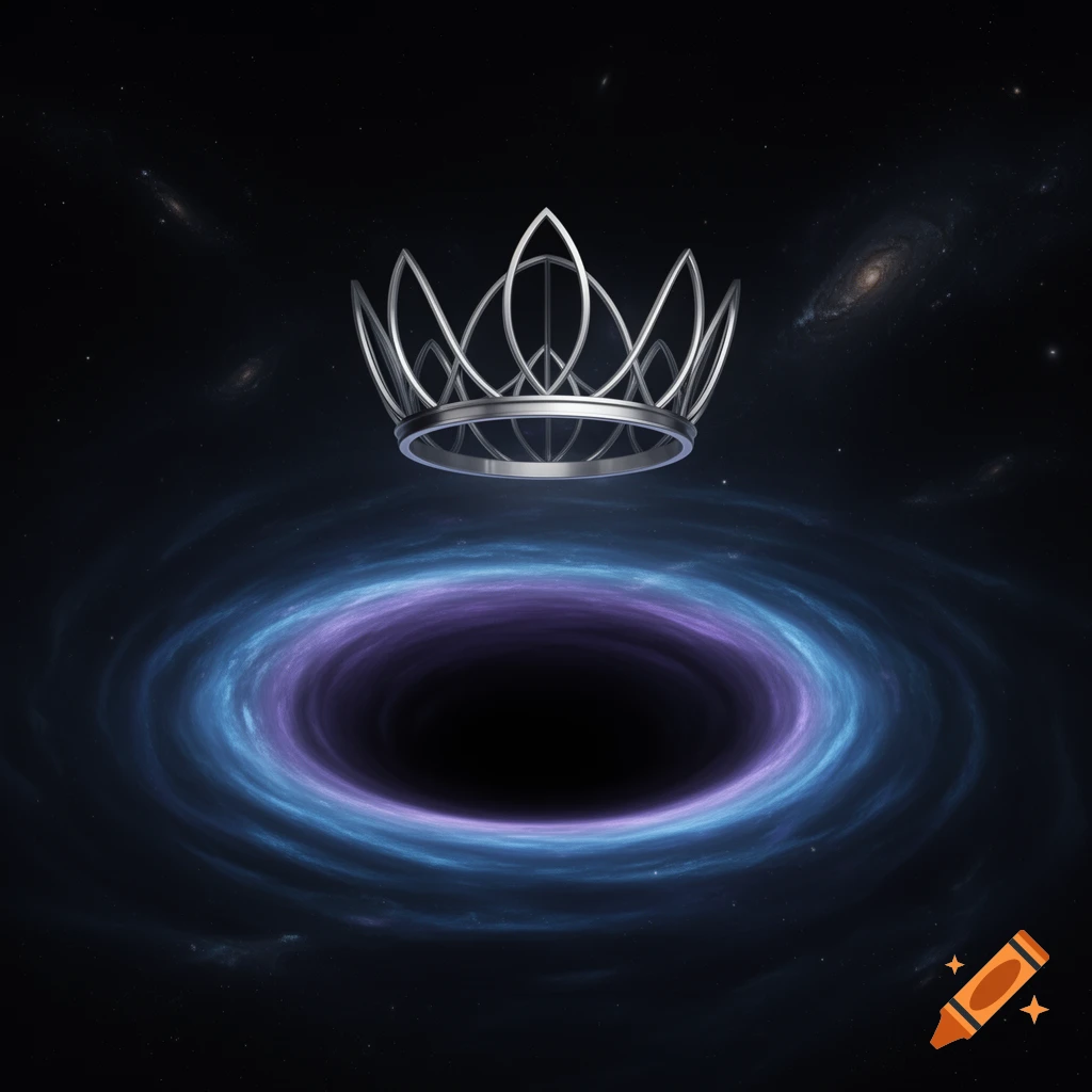A minimalist silver crown floats above a glowing blue and purple black hole in deep space, with distant galaxies and stars.
