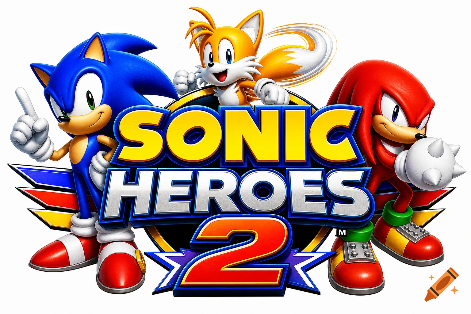 Vibrant 3D cartoon logo for 'Sonic Heroes 2' featuring Sonic, Tails, and Knuckles on a white background.