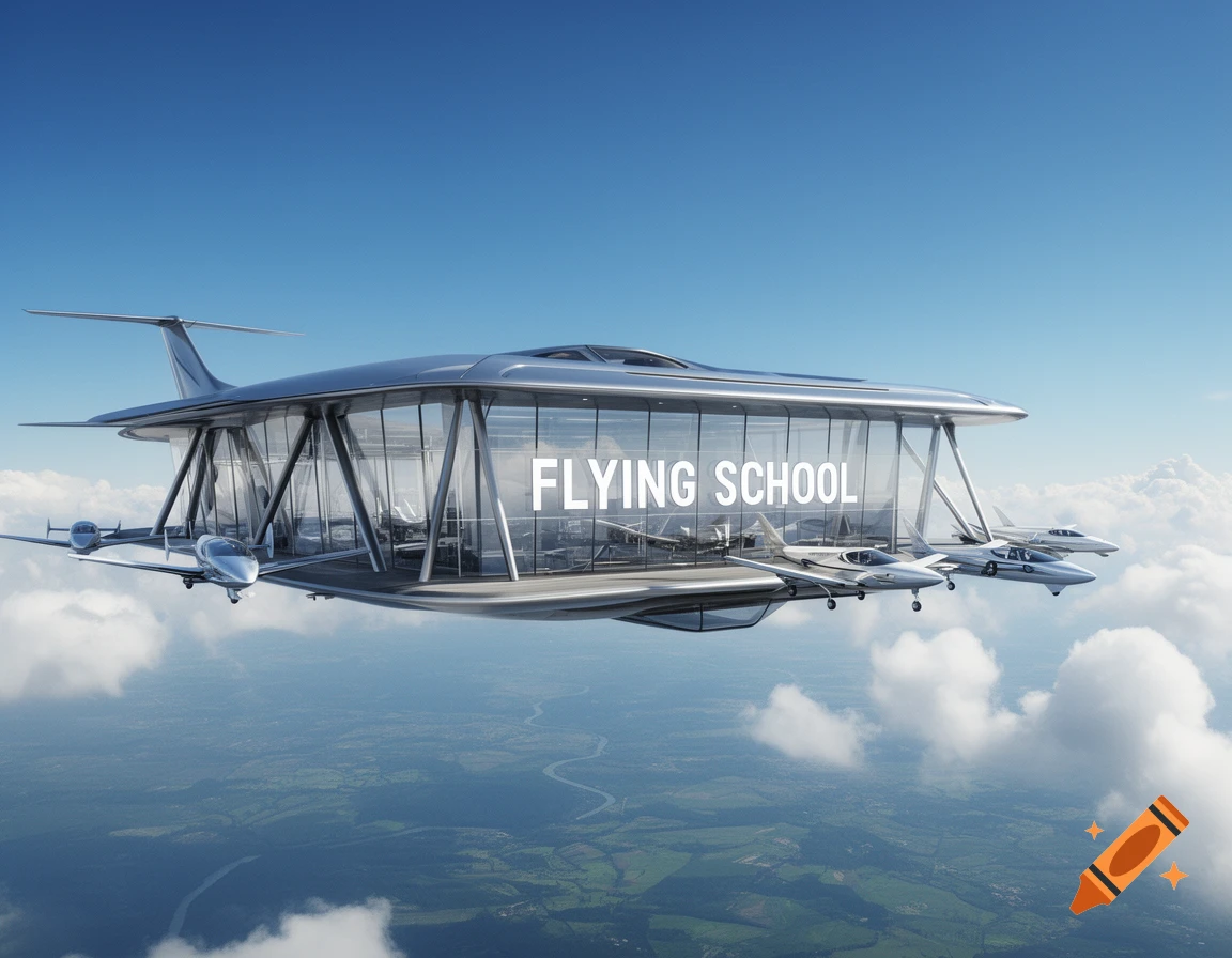 A sleek, futuristic 'FLYING SCHOOL' building and small planes in a bright blue sky over green land. Photorealistic.