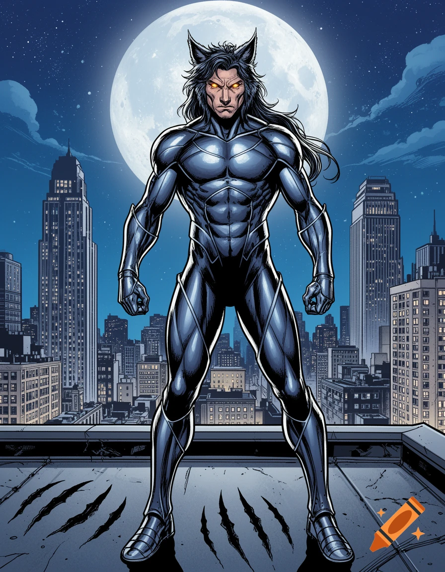 A comic book wolf-man superhero in a dark suit stands on a city rooftop at night with a full moon, claw marks on the ground.