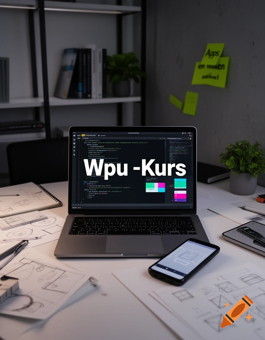 A laptop displaying "Wpu -Kurs" on its screen, surrounded by design sketches, a smartphone, and sticky notes on a desk in a dim room with shelves.
