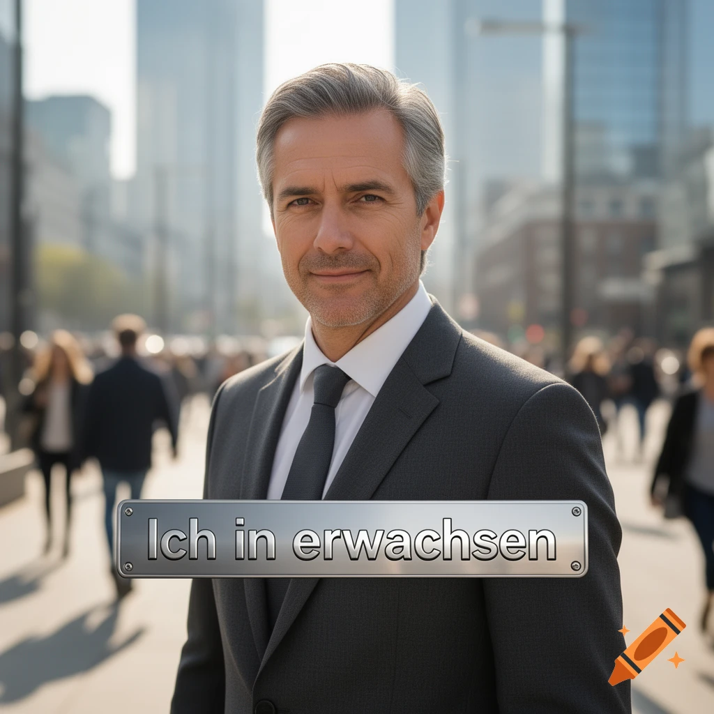 A man in a suit with salt-and-pepper hair stands on a busy city street, with a metal sign reading 'Ich in erwachsen' in front. Photorealistic.