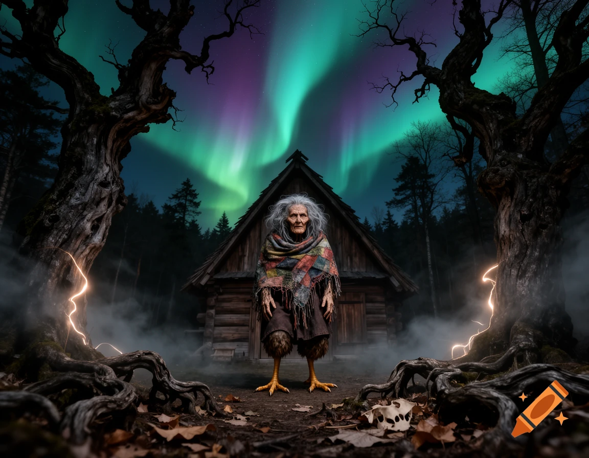 Baba Yaga with chicken legs stands before a wooden hut, framed by gnarled trees with glowing roots, under a vibrant aurora in a dark forest.