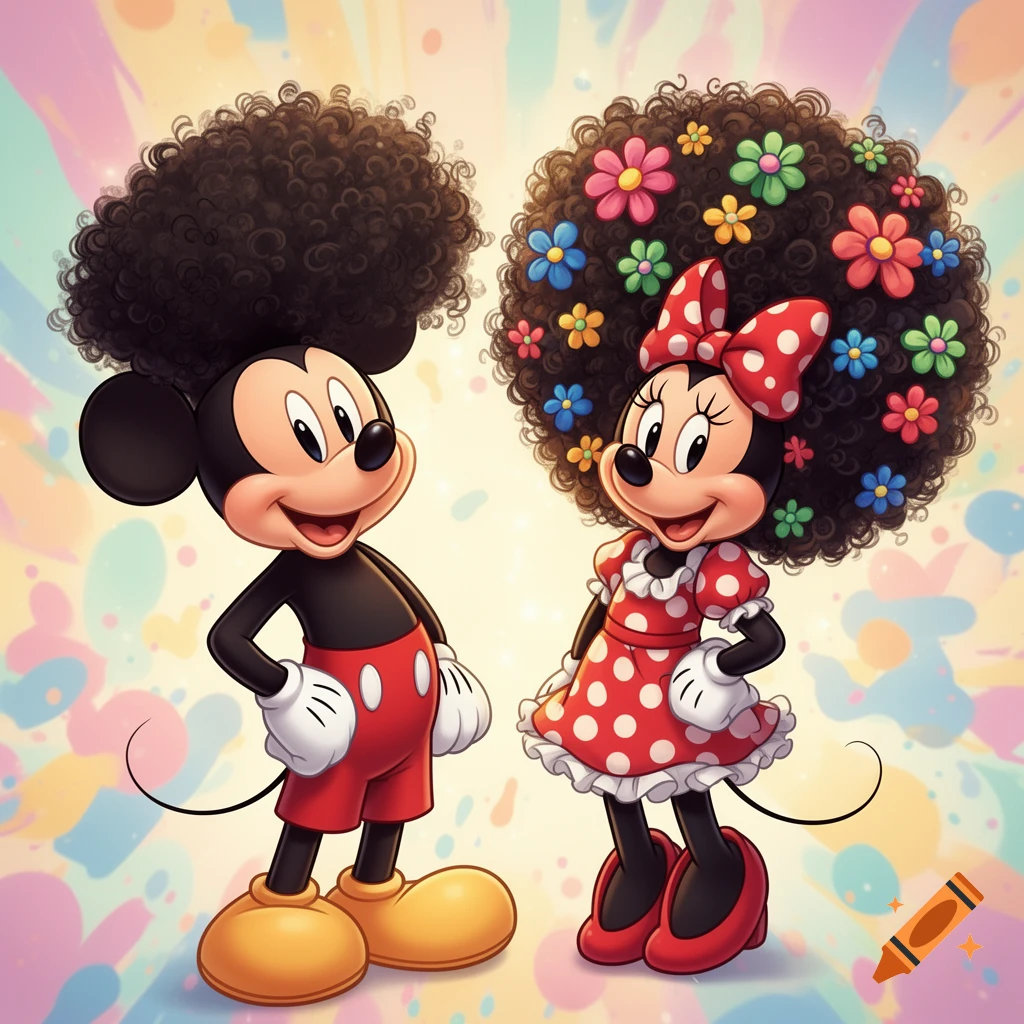Mickey Mouse and Minnie Mouse with afro hairstyles, Minnie in a polka dot dress with flowers in her hair.