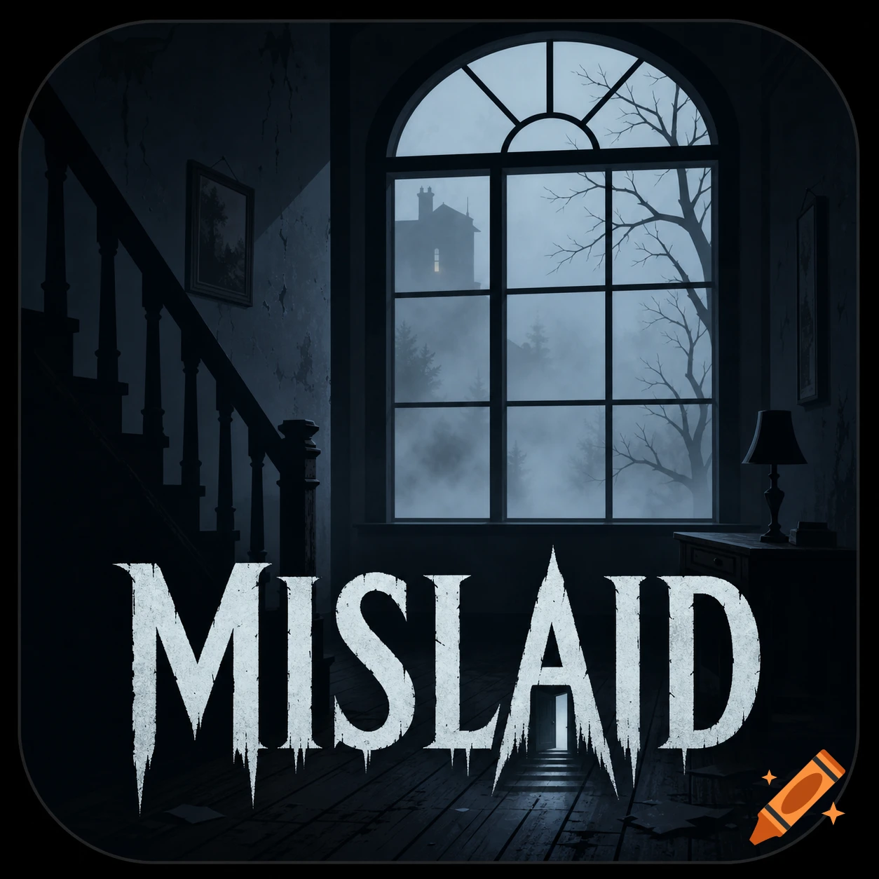 Dark, gloomy room with large arched window looking onto a foggy landscape with a spooky house. The title 'MISLAID' in a distressed font is at the bottom.