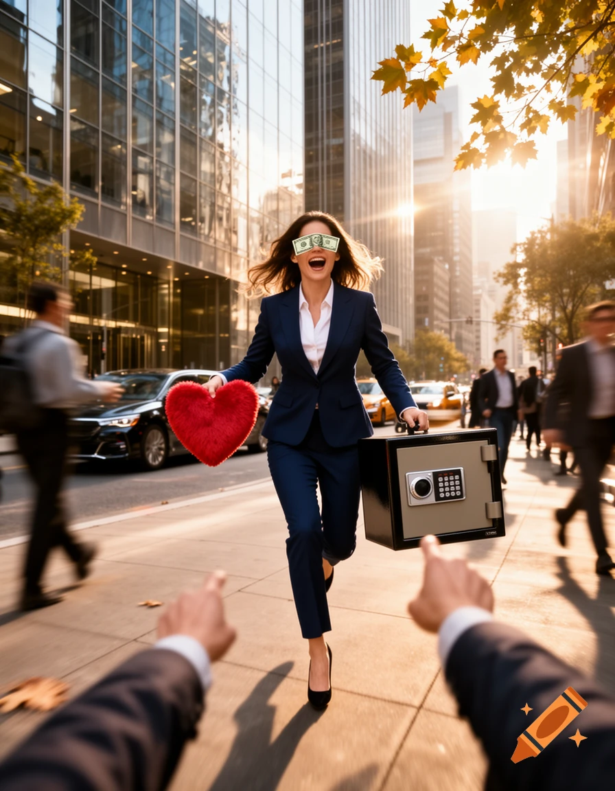 A woman in a business suit with dollar bills as eyes runs on a city street, holding a safe and a red heart, pointed at by foreground hands.