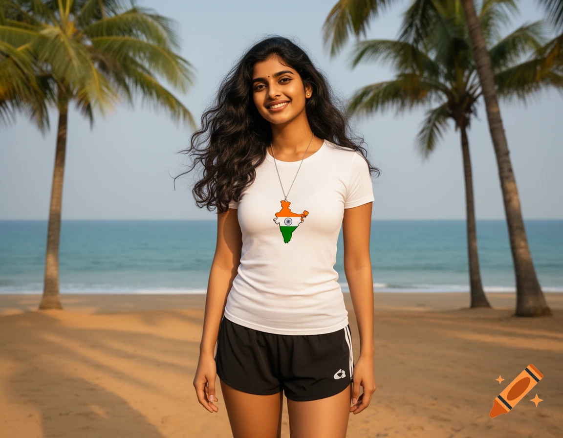 Photorealistic image of a smiling woman with Indian features on a tropical beach, wearing a white t-shirt, black shorts, and an India flag necklace.