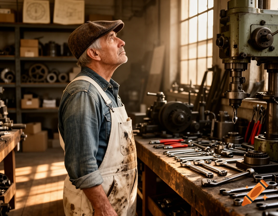 Photorealistic image of an older craftsman in overalls and a flat cap, looking up in a sunny workshop filled with tools.