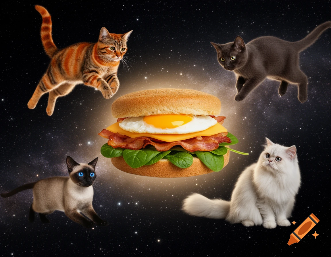 Four diverse cats float around a glowing egg sandwich with bacon, cheese, and spinach in a starry outer space scene.
