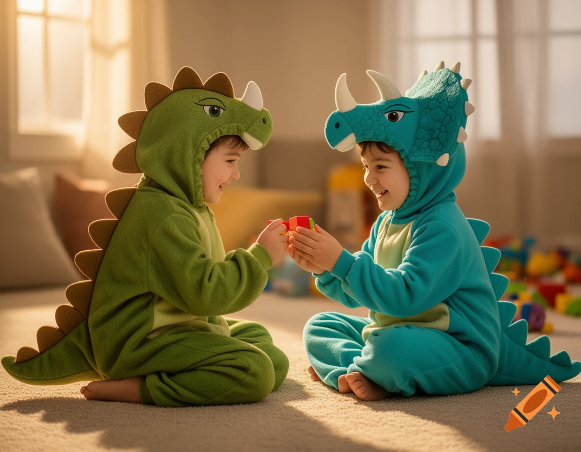 Two smiling children in green Stegosaurus and blue Triceratops costumes exchange a toy block on a carpet.